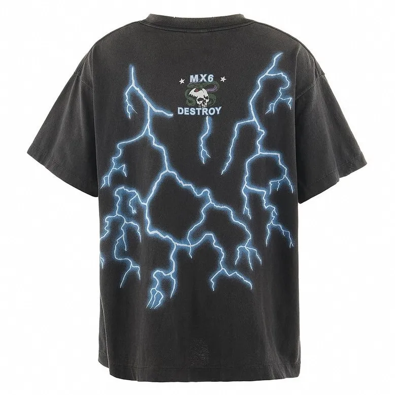 SAINT Mxxxxxx MEDUSA SS TEE/BLK Medusa Hydra retro sulfur-dyed short-sleeves, washed black S-XL, cylindrical fabric with no side seams, the open width is almost meaningless, Assute ready-to-wear dyeing, the whole piece faded, collar and cuffs frayed, many hangings, oversized printing position, genuine level restoration, customized joint main mark/wash mark/with little angel anti-counterfeiting